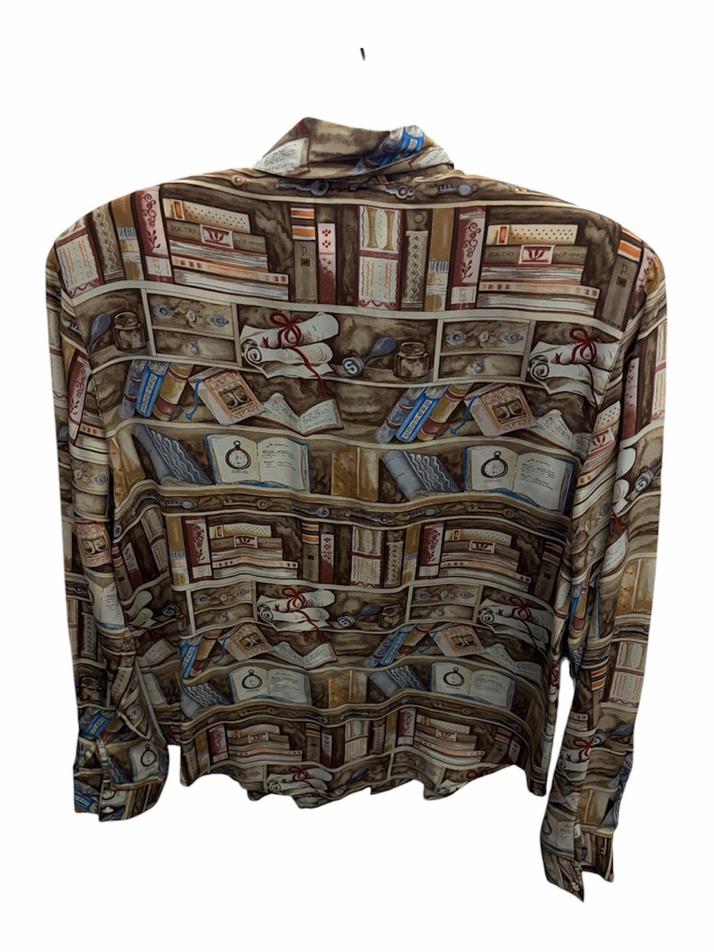Vintage Allison Taylor Bookcase Print-rare art design button-up  100% Silk S - Picture 2 of 5